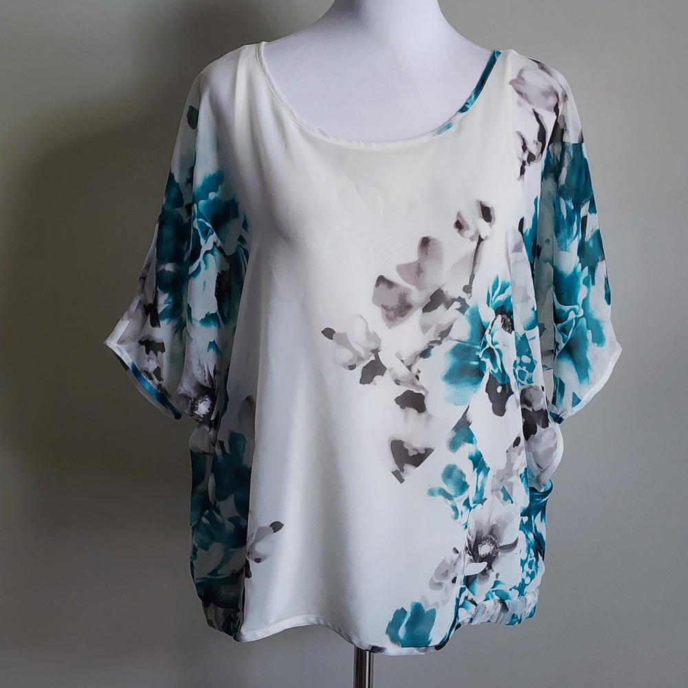White House Black Market Dolman Sleeve Blouse Top S White Teal Floral Office